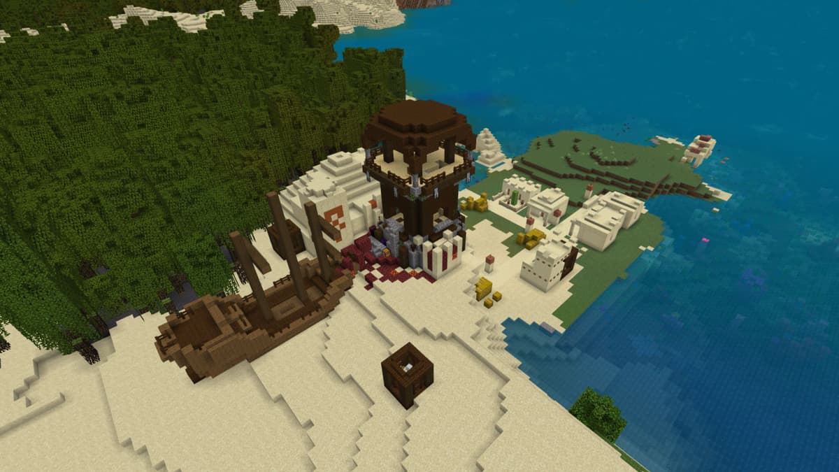 A minecraft world with a village, pyramid, shipwreck, and outpost