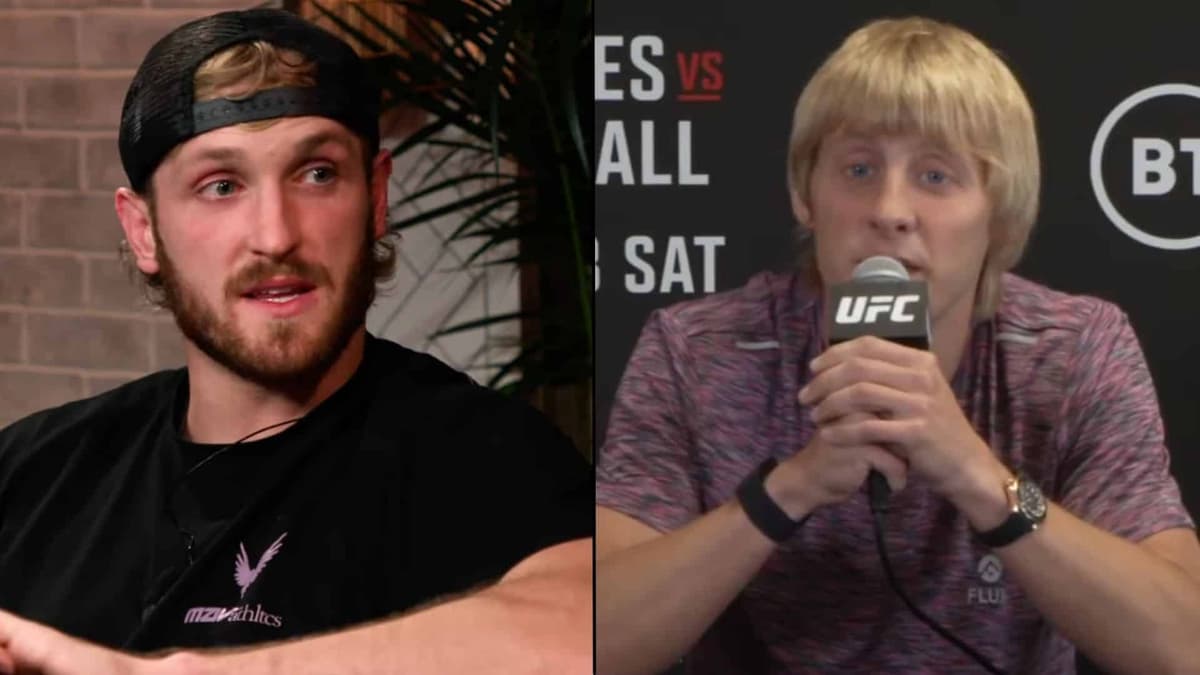 Logan Paul and Paddy Pimblett side-by-side talking into mics