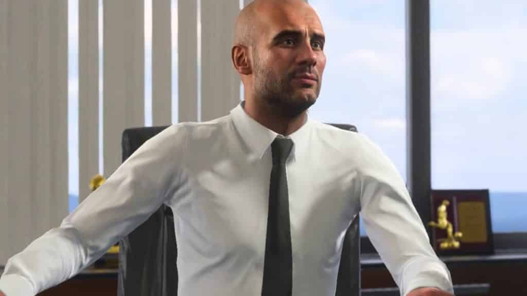 Pep Guardiola sat behind desk in FIFA Career Mode