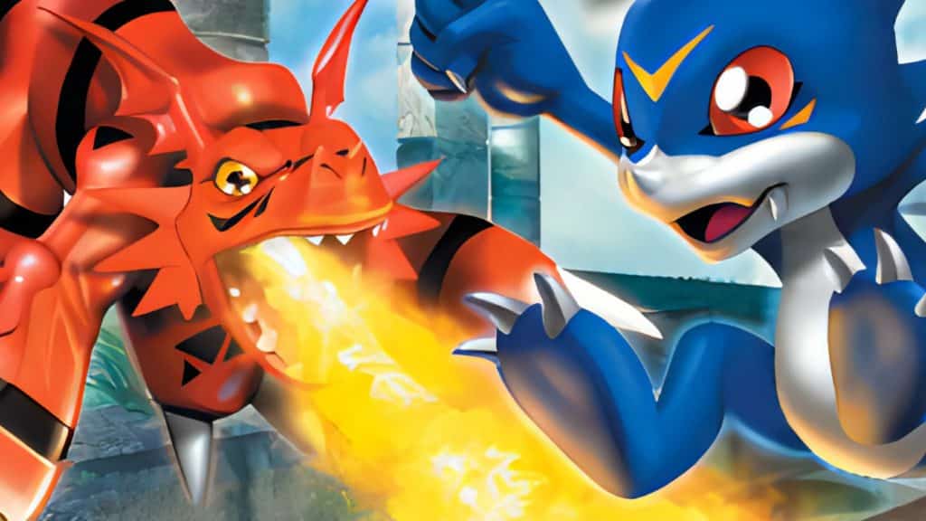 An image of Veemon and Guilmon fighting as featured in Digimon Rumble Arena.