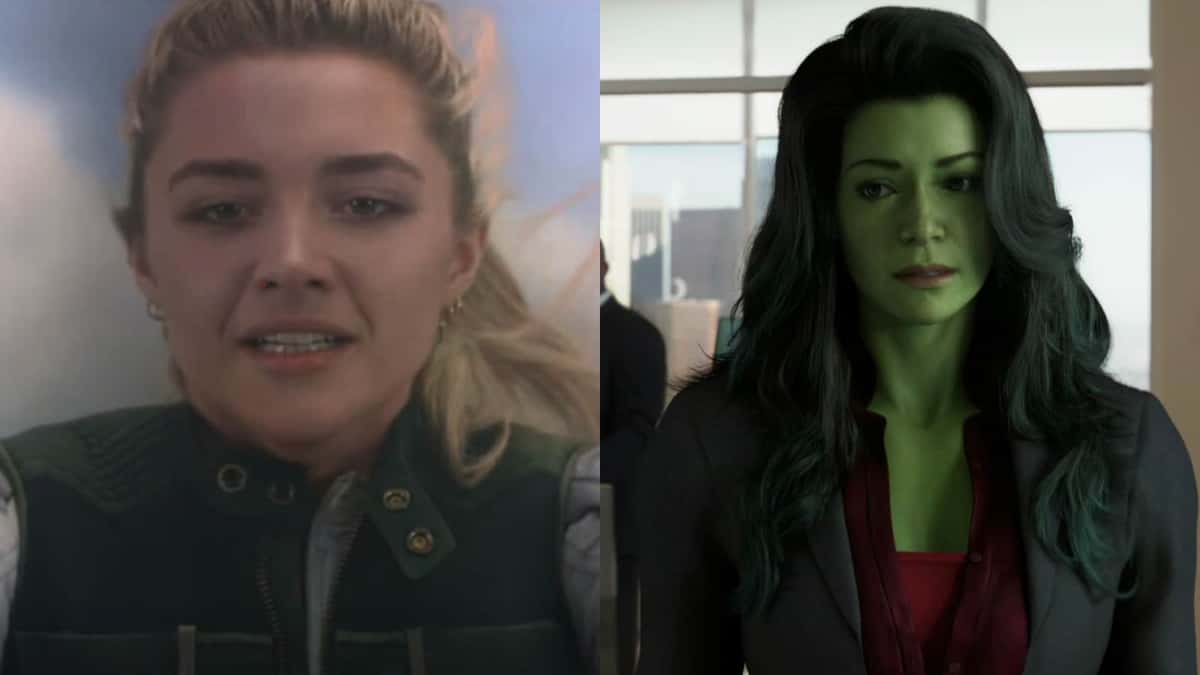 Florence Pugh in Black Widow and a still from She-Hulk