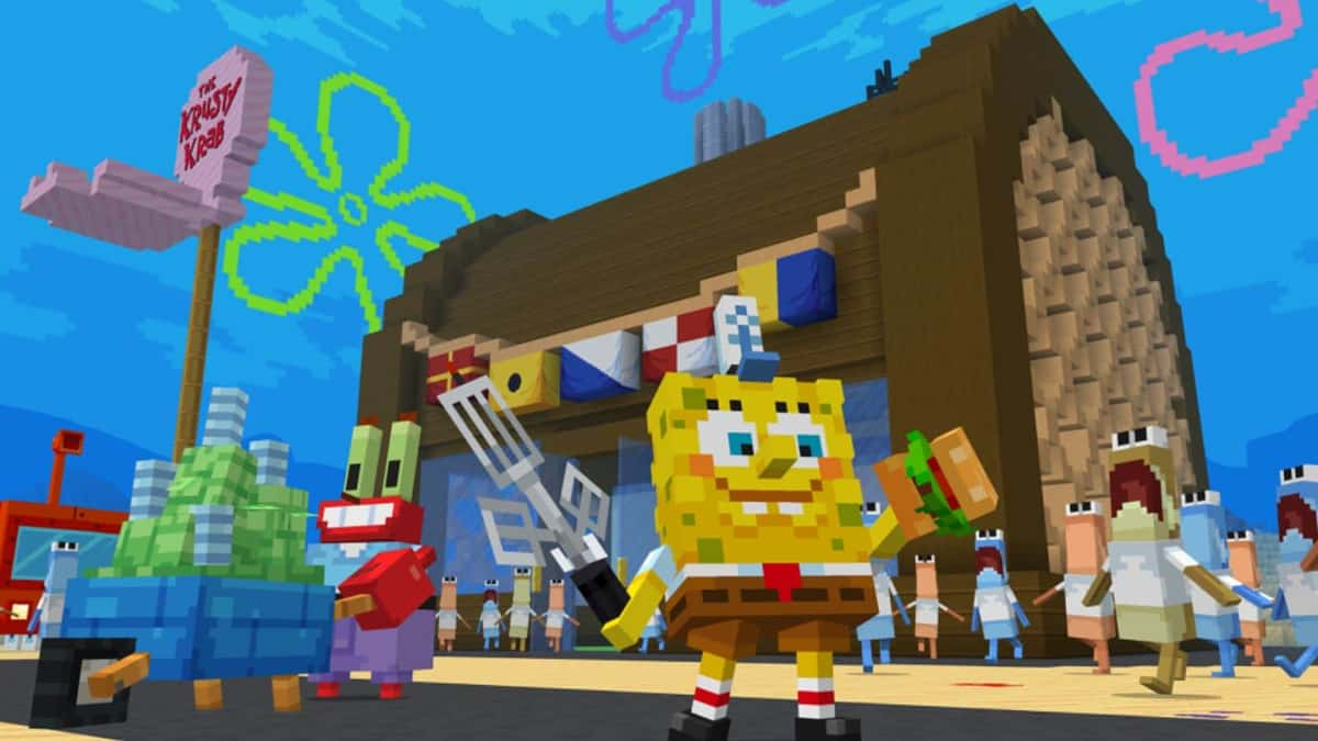 Minecraft SpongeBob in front of the Krusty Krab