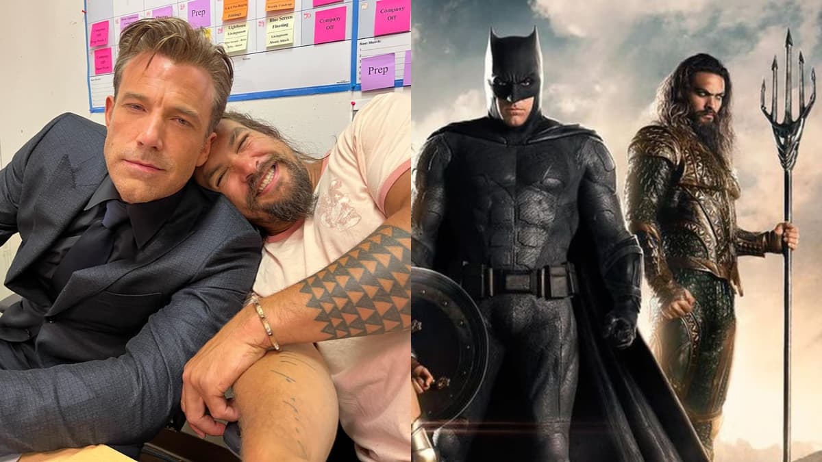 Ben Affleck and Jason Momoa as Batman and Aquaman, prepping for Aquaman 2