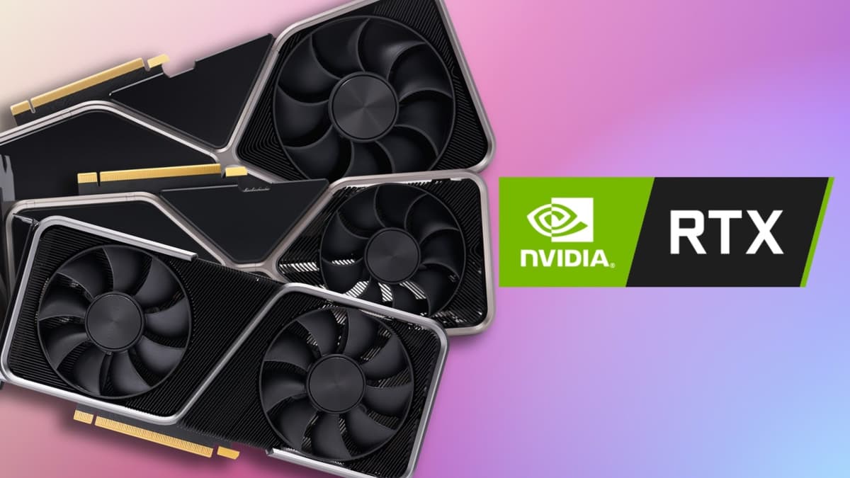 Nvidia RTX cards on gradient background with RTX logo