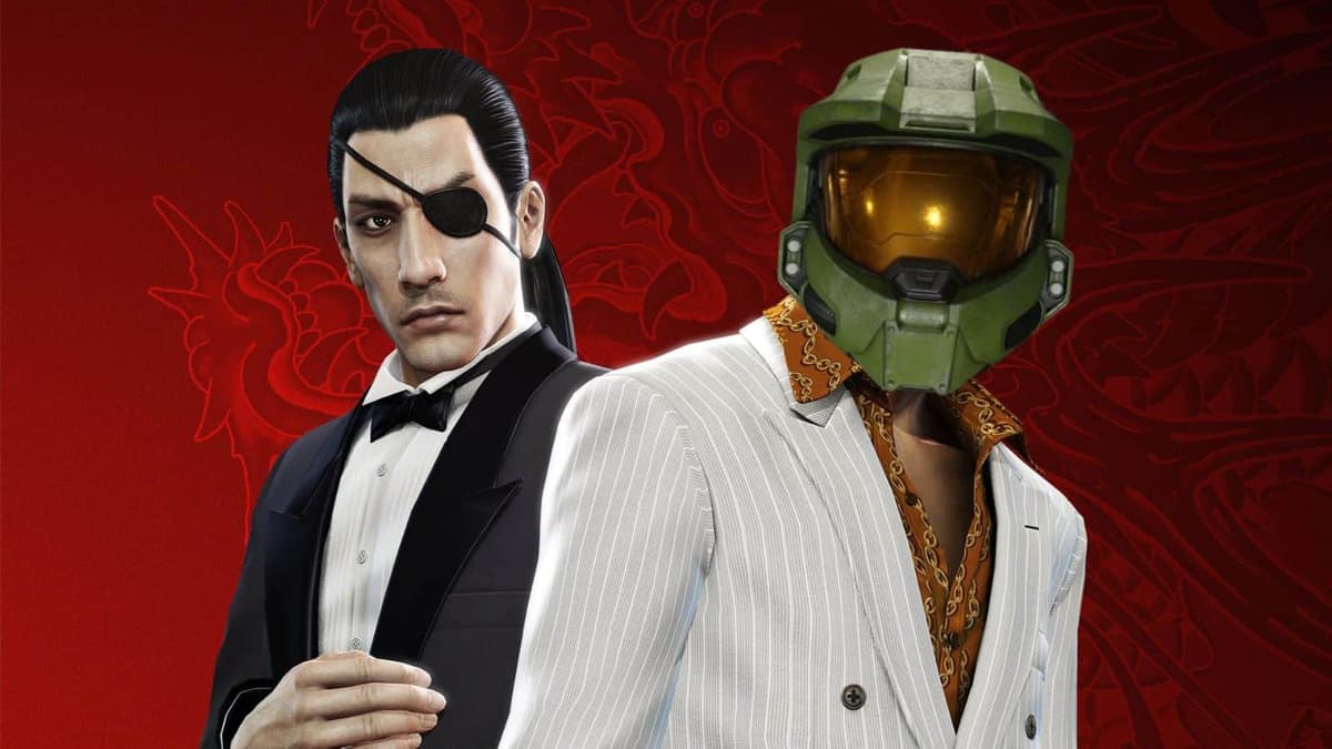 Yakuza 0 charcaters with Master Chief helmet