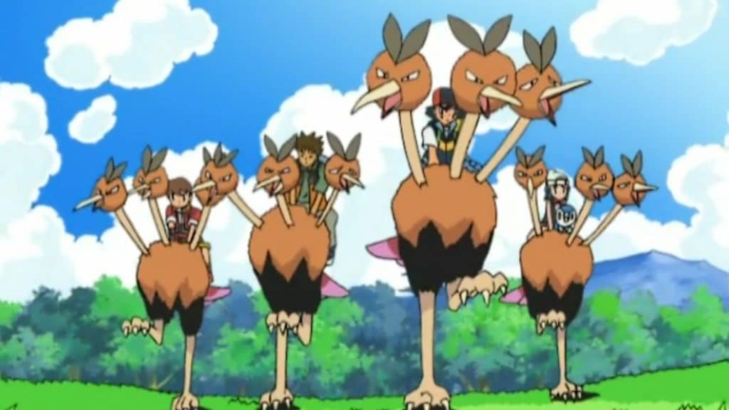 An image of Dodrio running in the Pokemon anime.