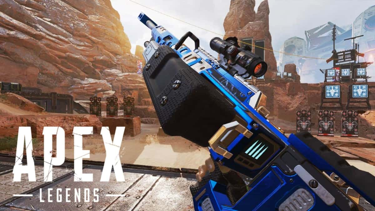 Blue Kraber skin in Apex Legends being pointed skywards