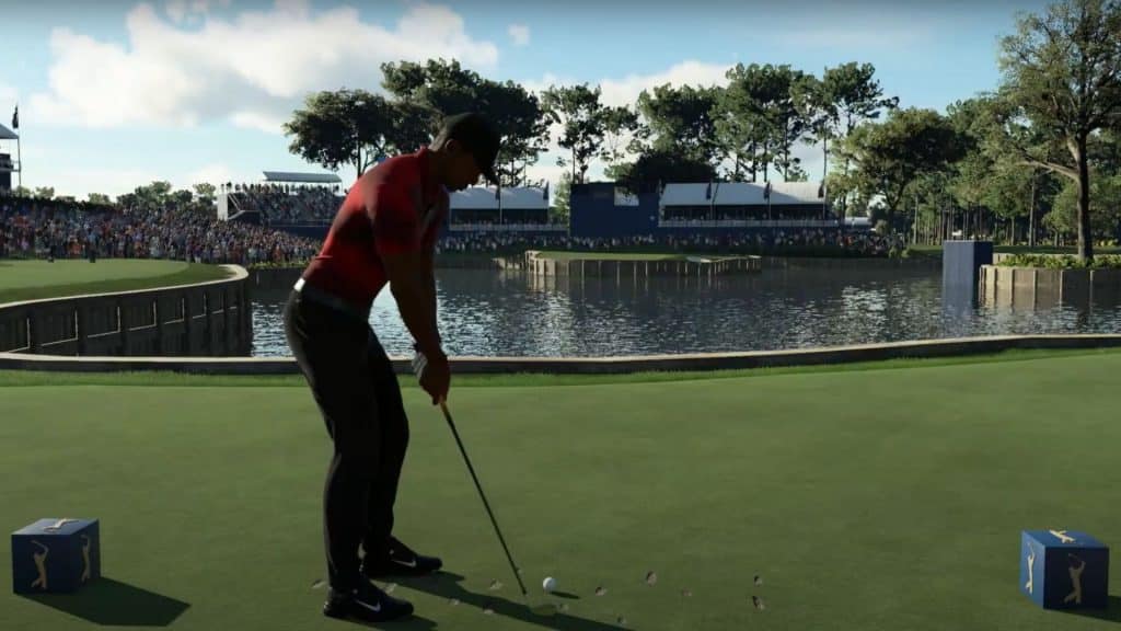 tiger woods lining up shot in pga tour 2k23