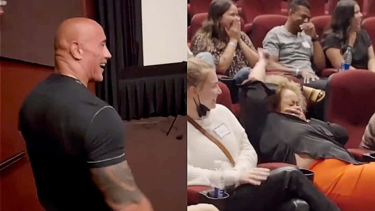 Dwayne Johnson at a Black Adam test screening with fans