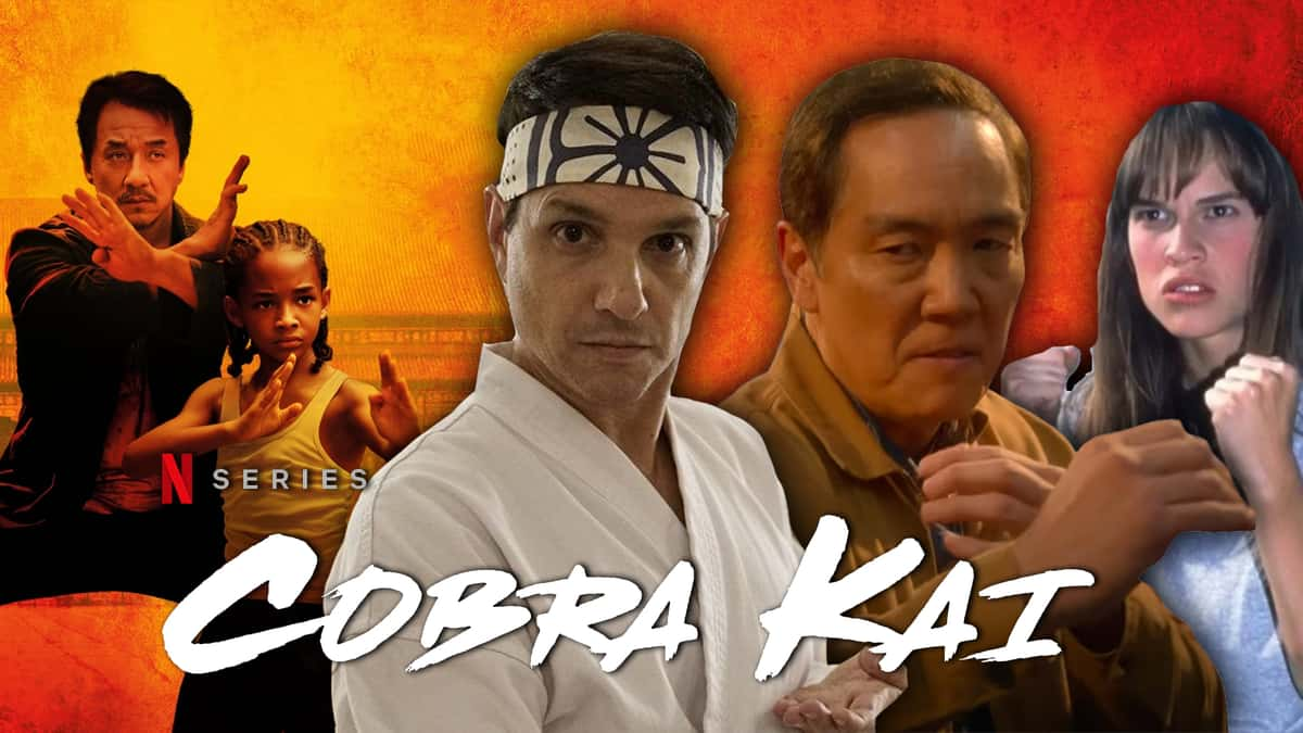 an image of cobra kai daniel larusso, chozen toguchi, jackie chan, jaden smith, hilary swank