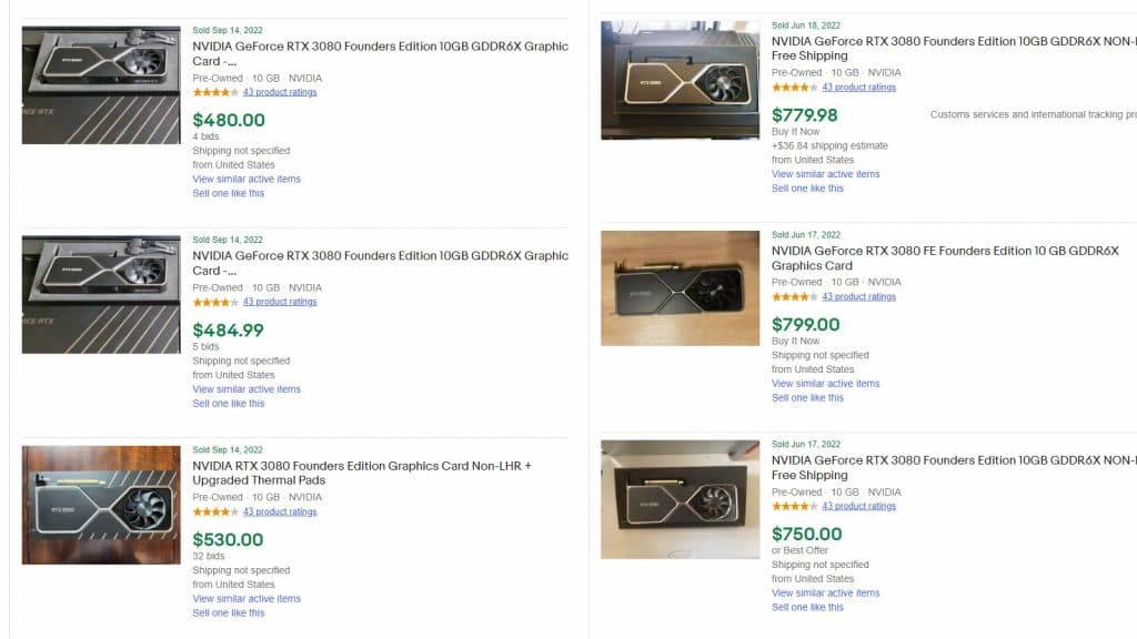 RTX 3080 Ebay sold prices