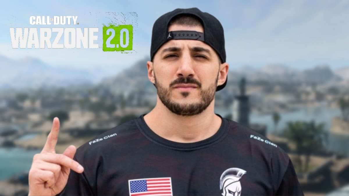 nickmercs pointing at warzone 2 logo