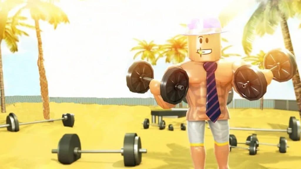 Roblox Weight Lifting Simulator lifting on a beach