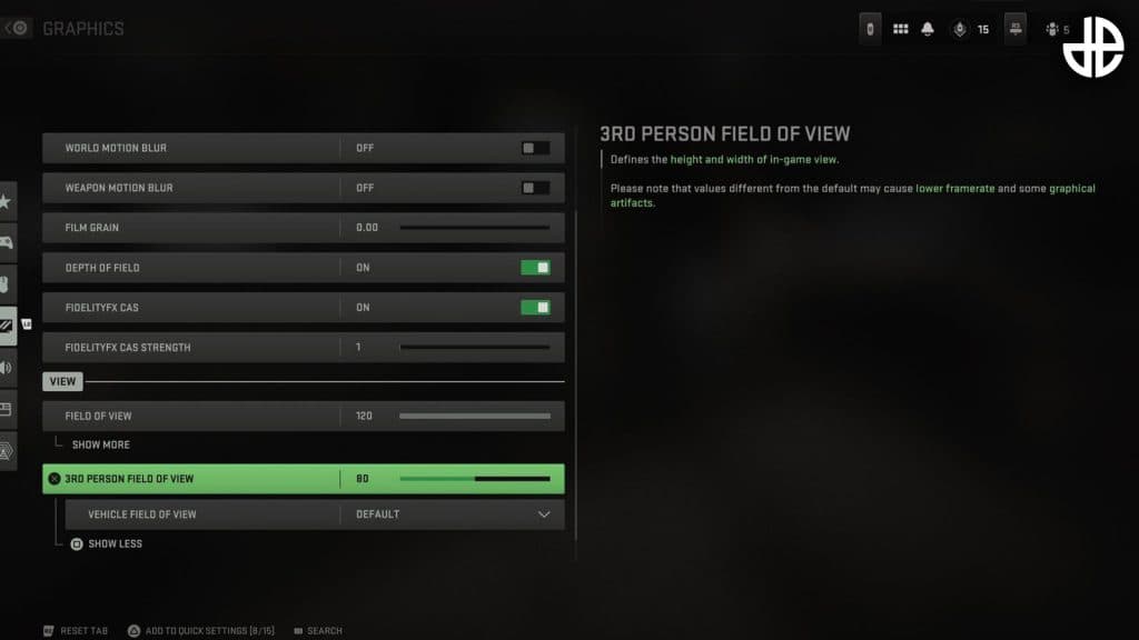 An image of the fov slider for third person in modern warfare 2