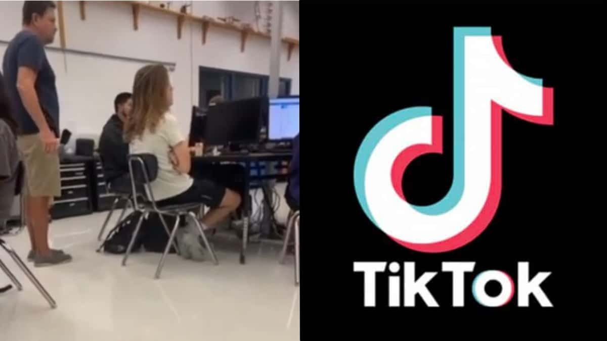 Teacher arguing with class next to TikTok logo on black background