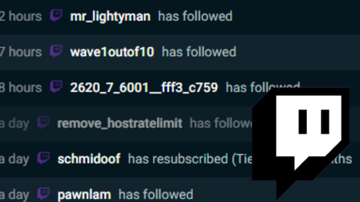 Twitch logo alongside Twitch notifications for followers