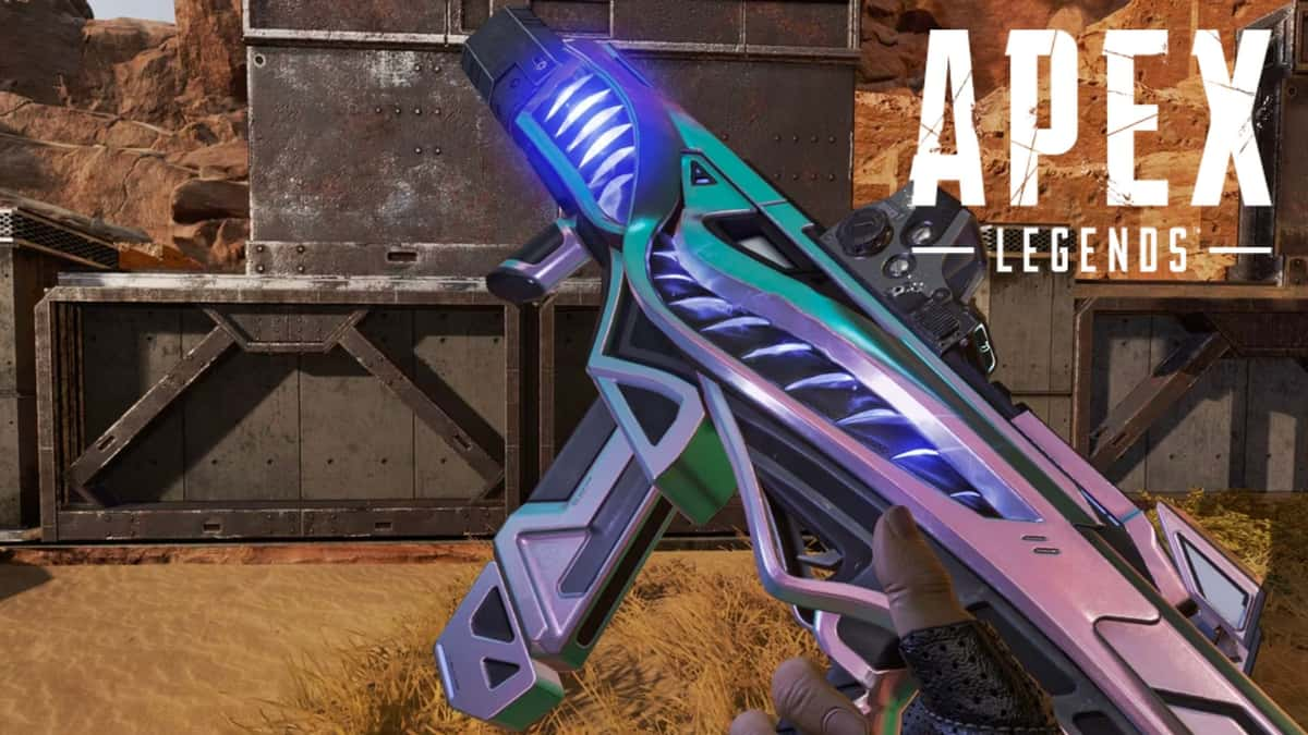 Purple and blue apex legends gun being held aloft in firing range with game logo in corner