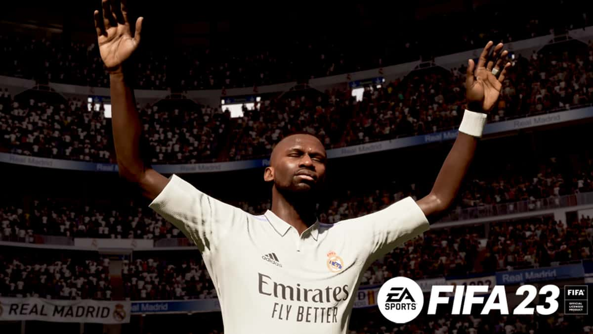 Antonio Rudiger in FIFA 23 next to logo