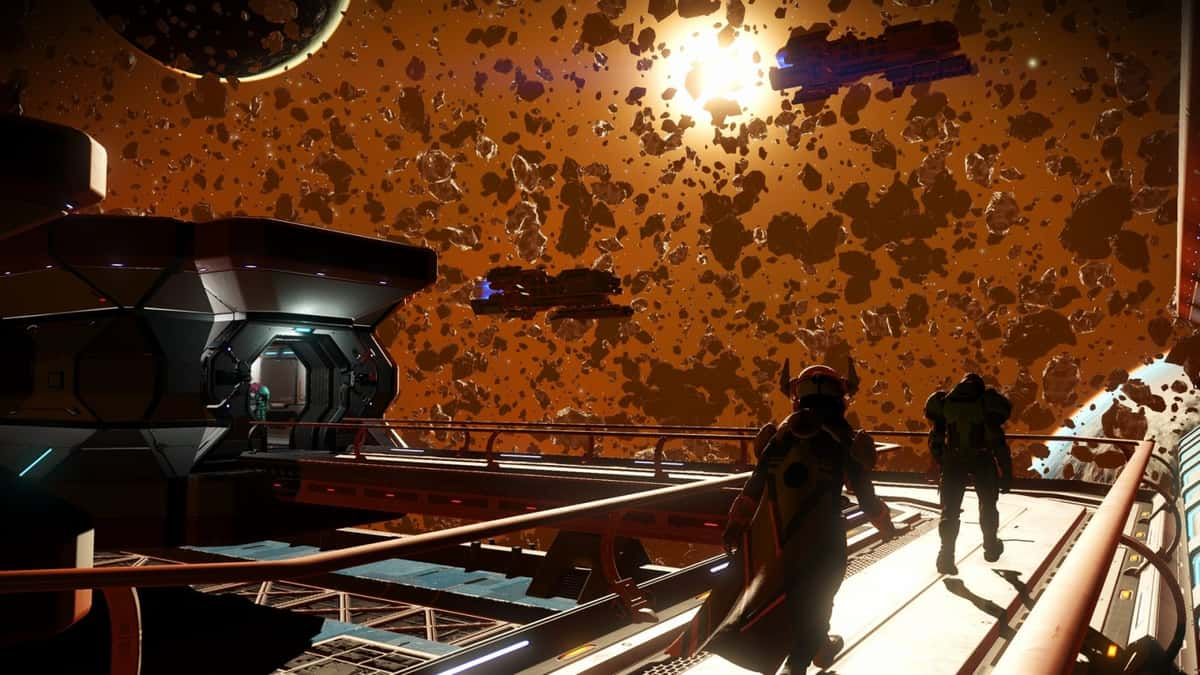 No Man's Sky screenshot showing an asteroid field vista