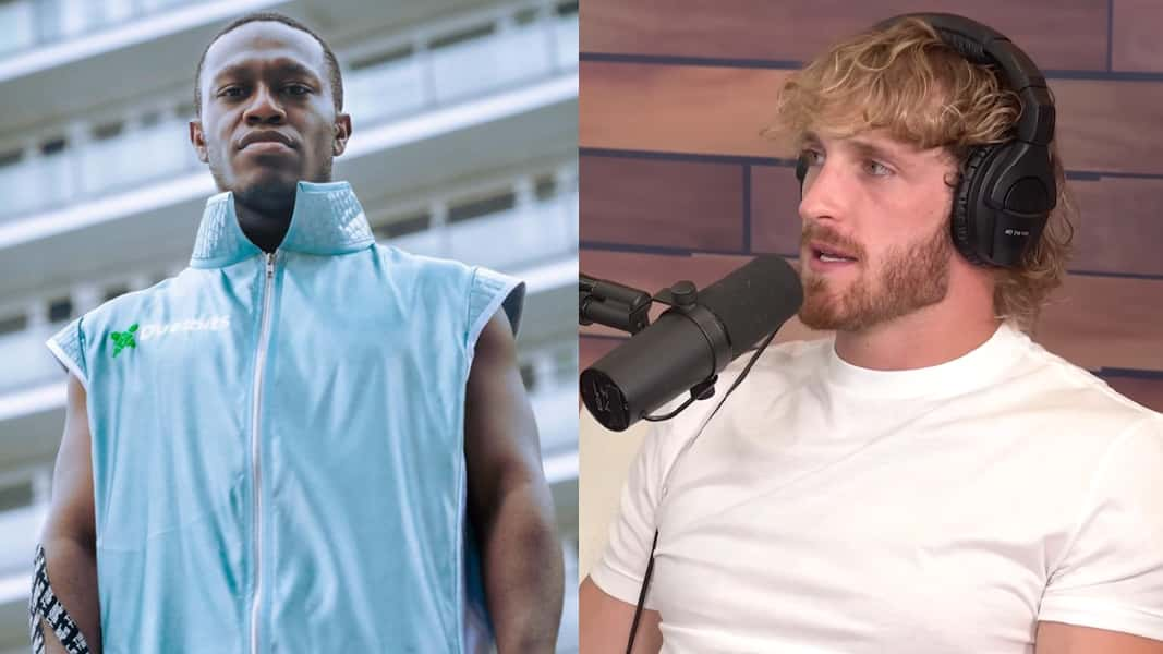 Deji in boxing gear next to Logan Paul speaking on Impaulsive