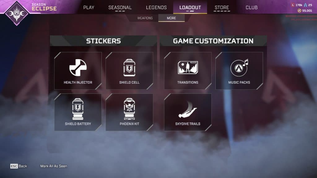 stickers in apex legends menu