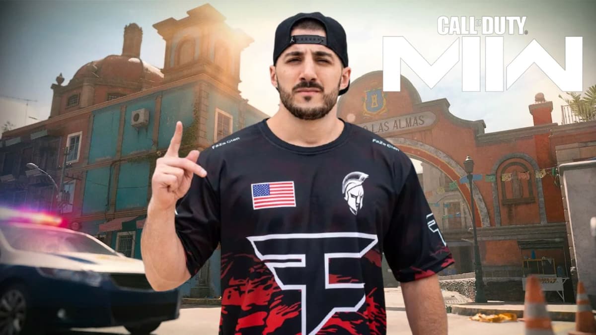 NICKMERCS in FaZe shirt on top of Las Almas Modern Warfare 2 map and logo