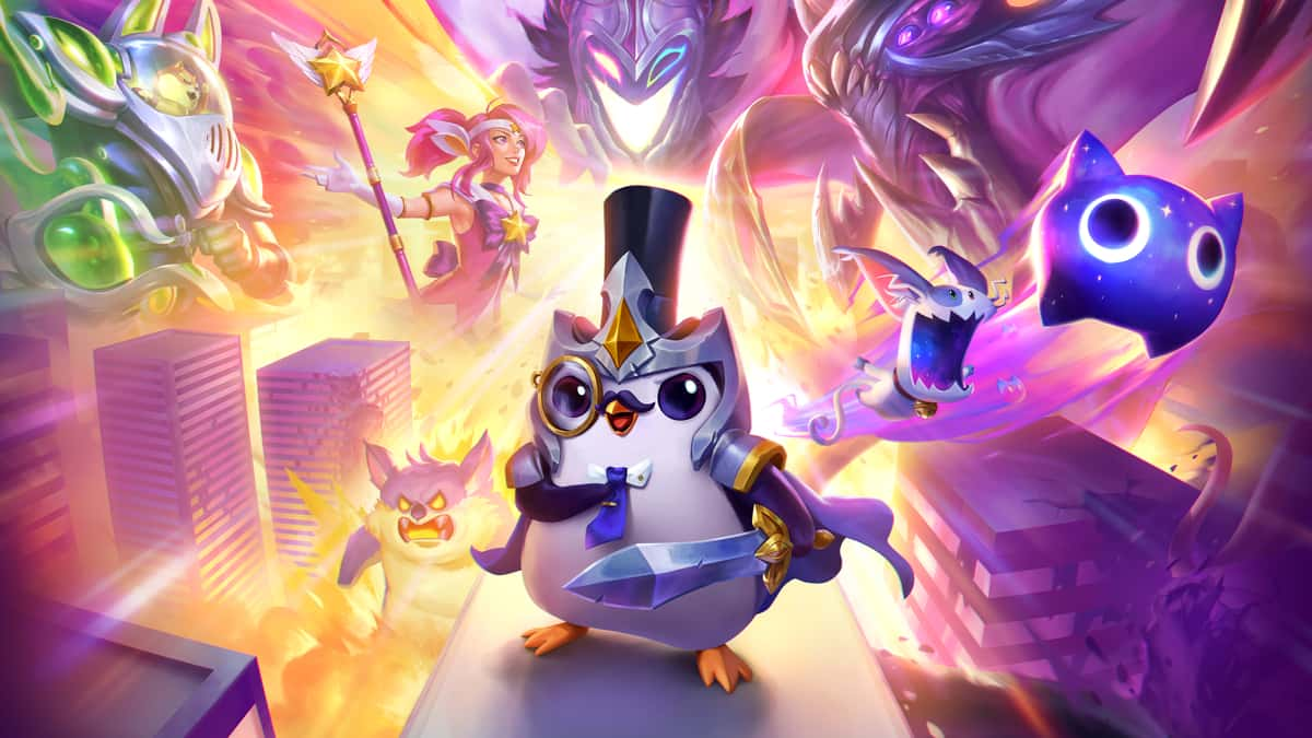 TFT Set 8 Monsters Attack key art with Pengu, Nasus, Lux, Fiddlesticks, and Bel'Veth