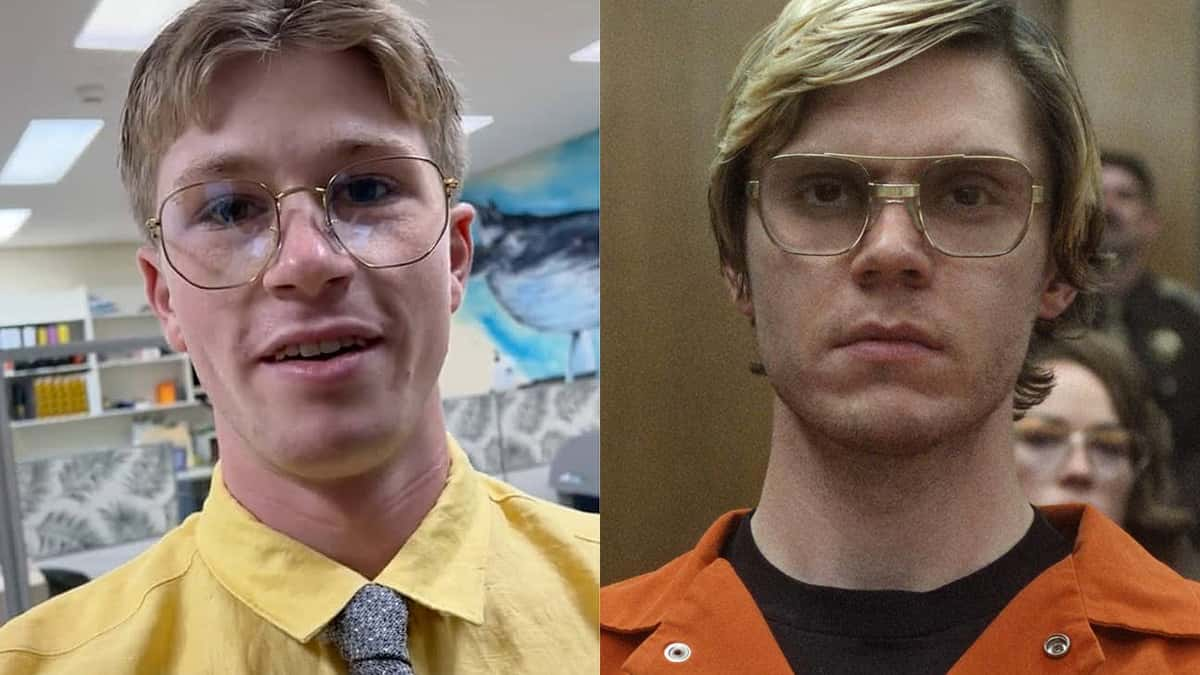 Robert Irwin dressed as Dwight Schrute in viral TikTok, next to image of Evan Peters as Jeffrey Dahmer