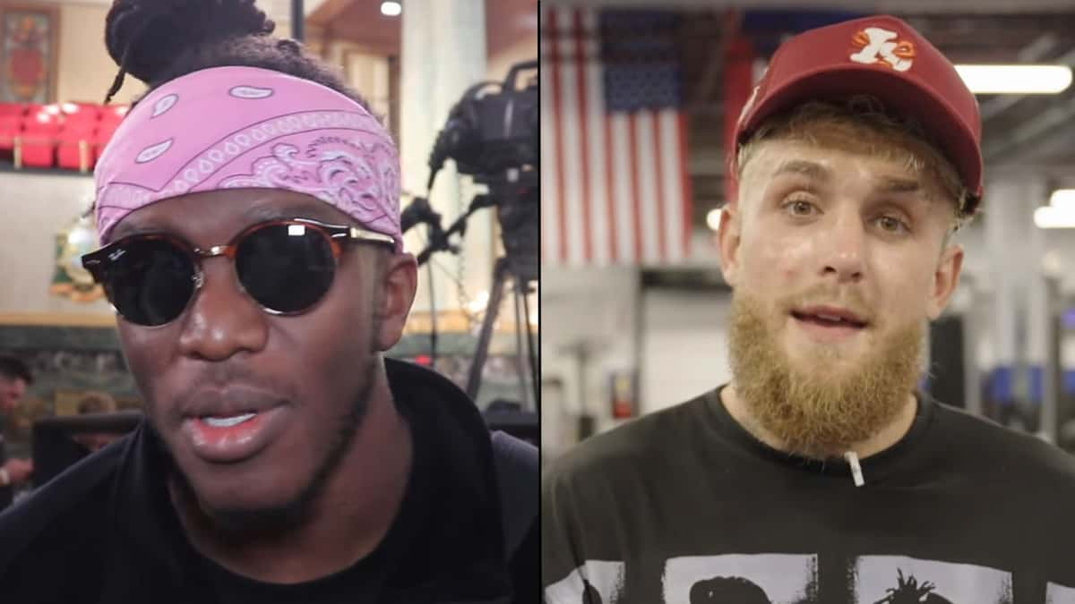 KSI and Jake Paul side by side in black shirts talking to camera