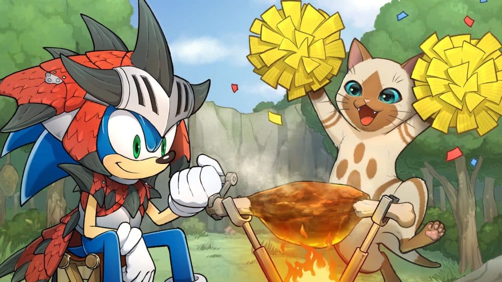 Sonic in Rathalos armor with a Felyne