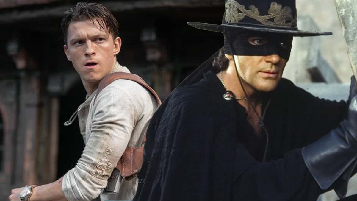 antonio banderas as zorro and tom holland in uncharted