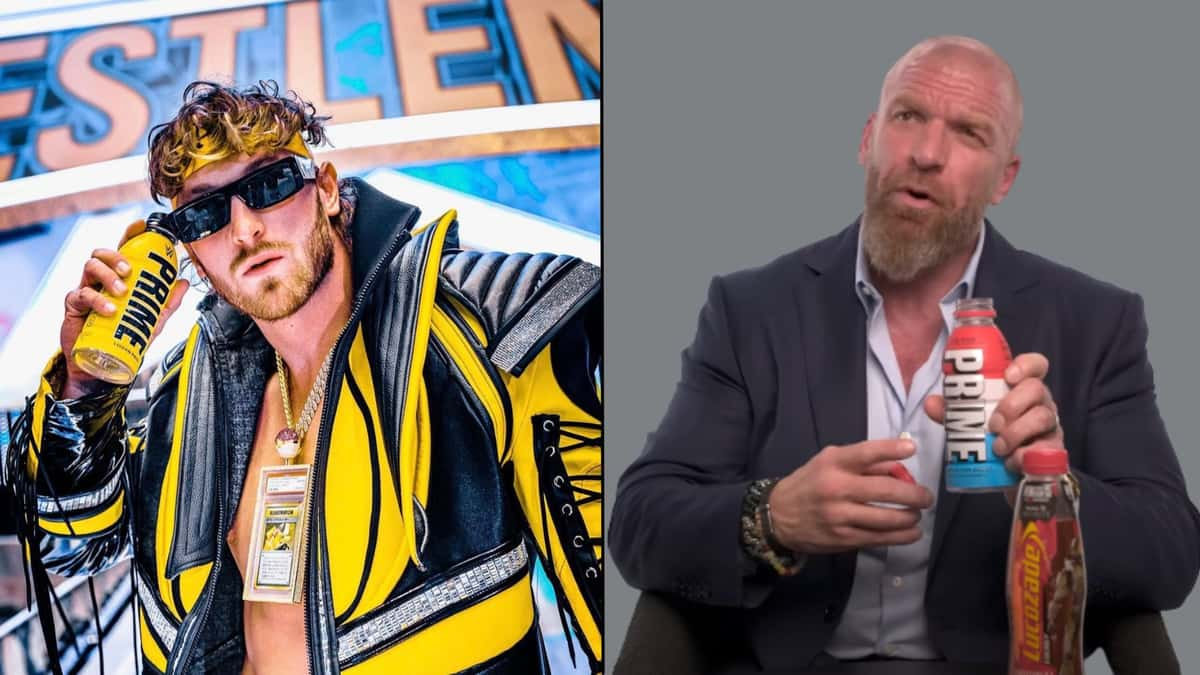 Logan Paul holding yellow PRIME bottle alongside Triple H holding Icepop bottle of PRIME