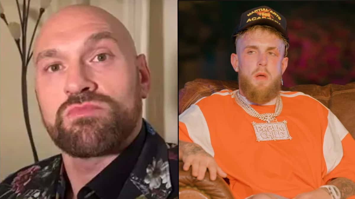 Tyson Fury and Jake Paul sat down looking at camera and talking