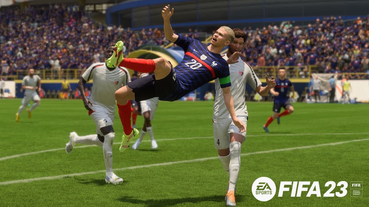 Haaland doing a bicycle kick in FIFA 23