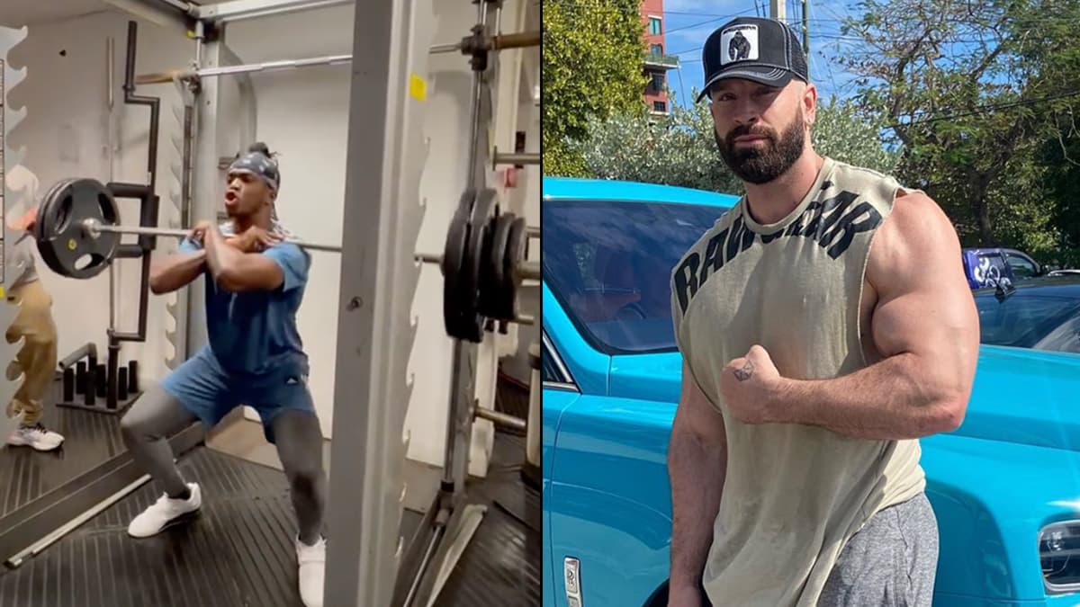 KSI squatting next to Bradley Martyn posing