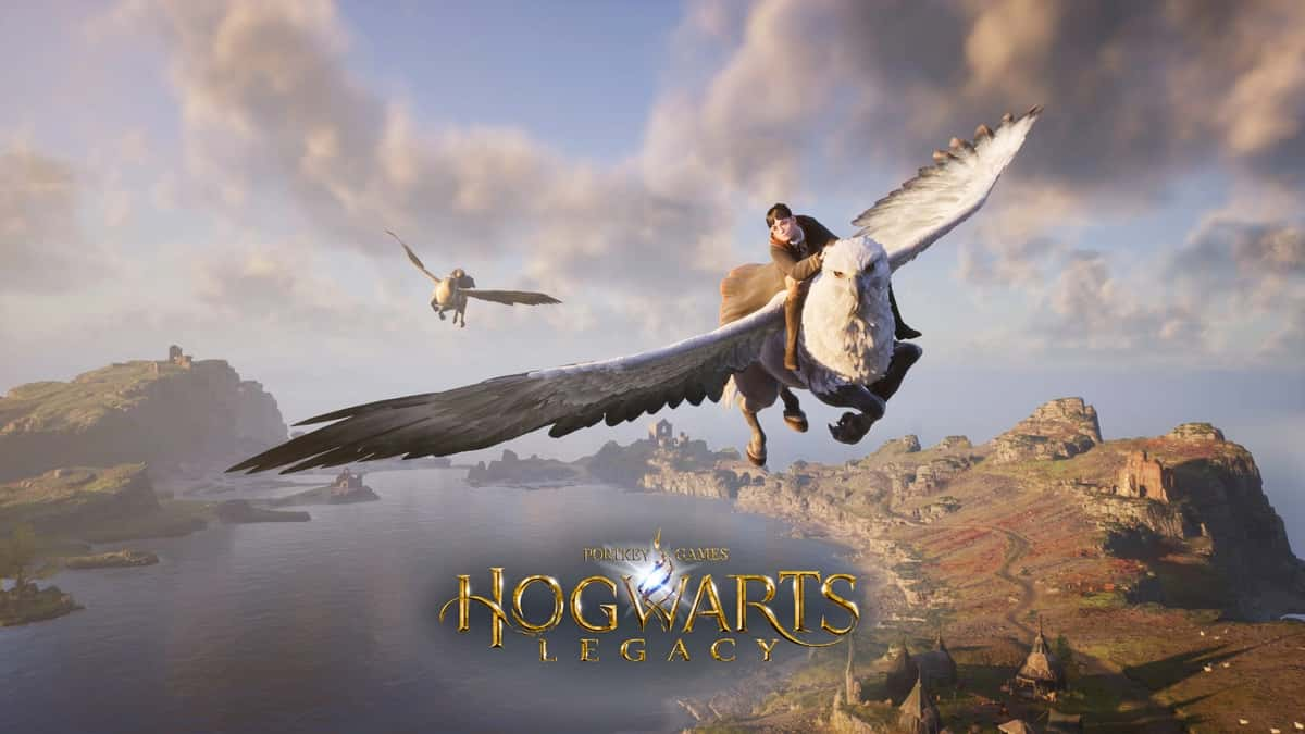 characters flying on hippogriffs in hogwarts legacy