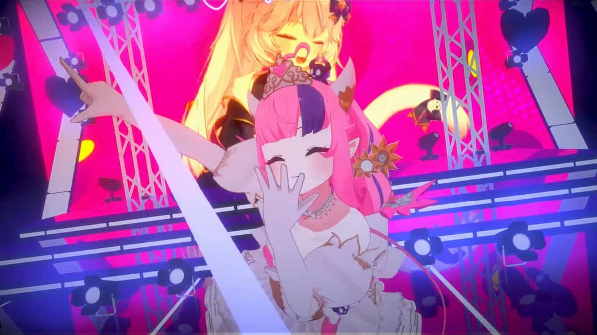 VShojo star Ironmouse in idol outfit smiling during 3D VTuber concert