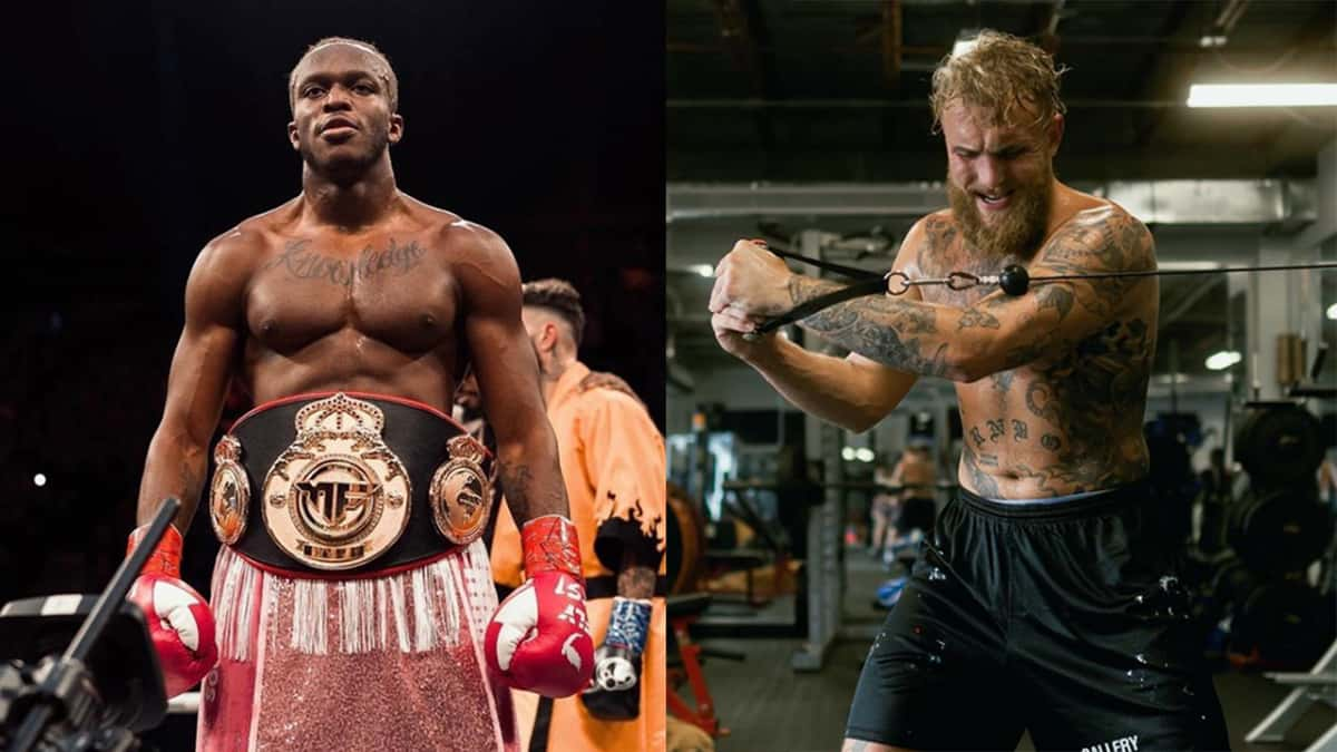 KSI with boxing belt next to Jake Paul training