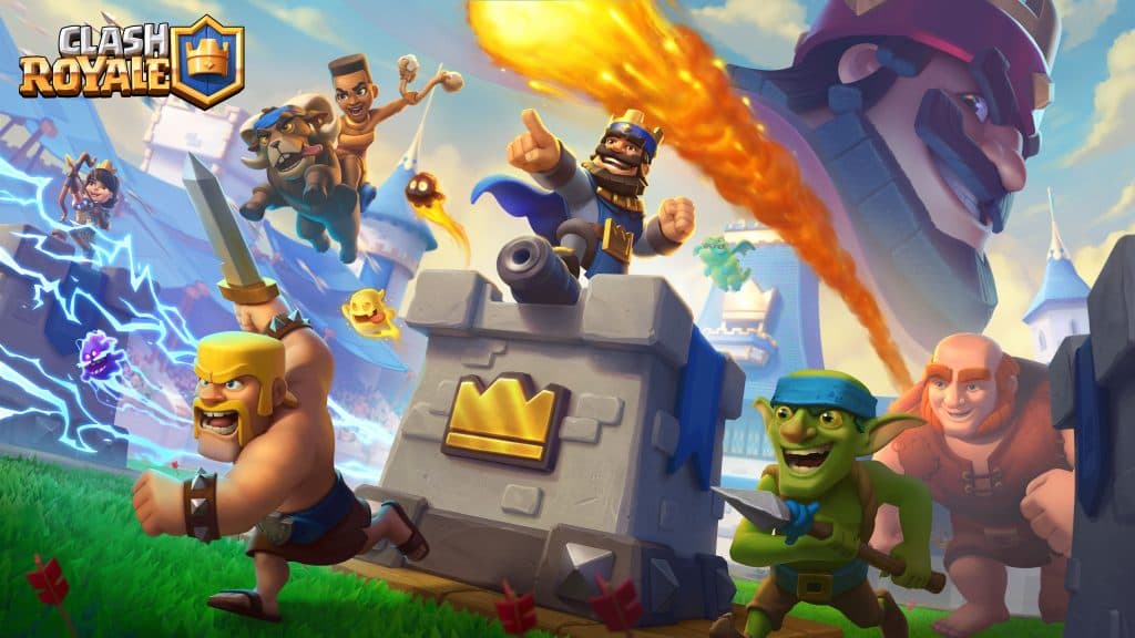 cover art for Clash Royale featuring the King Tower and several other characters.