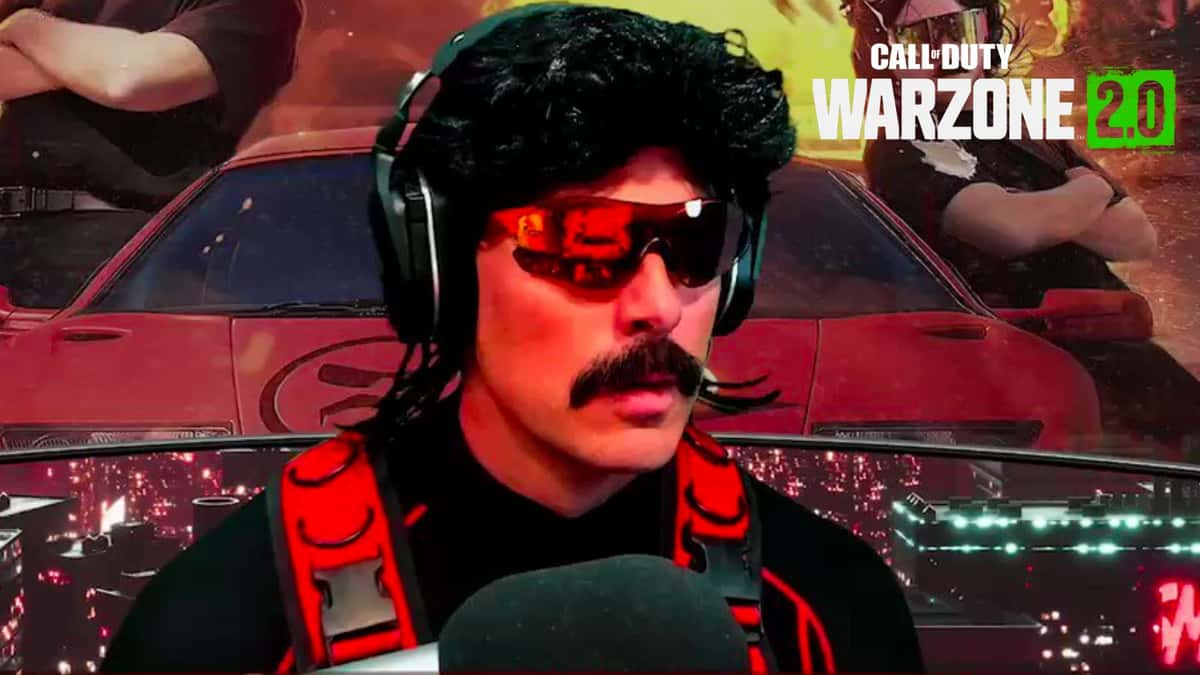 Dr Disrespect sat in front of YouTube video with car and Warzone 2 logo