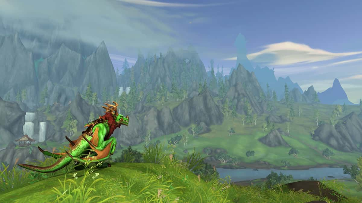 A dragon looks across a landscape in WoW