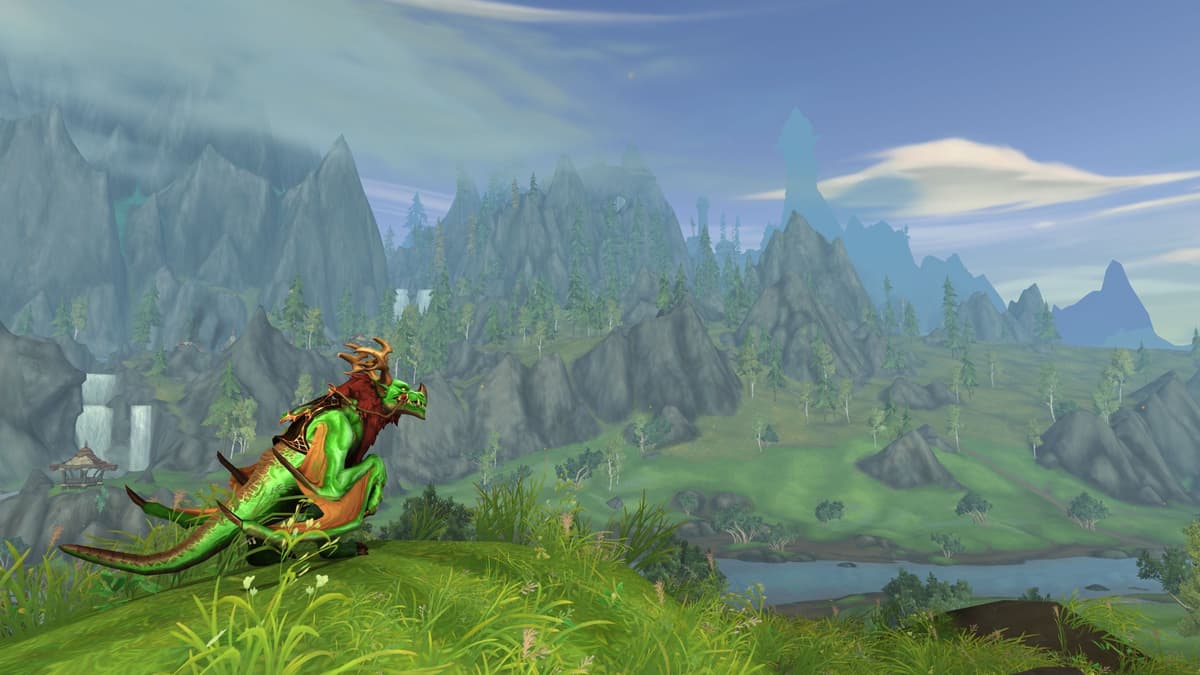 A dragon looks across a landscape in WoW