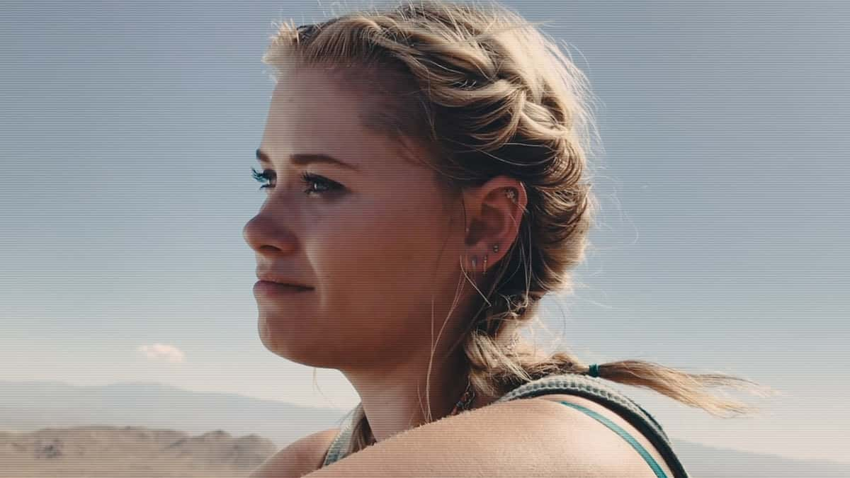 Virginia Gardner in 2022 movie Fall, which used AI dubbing