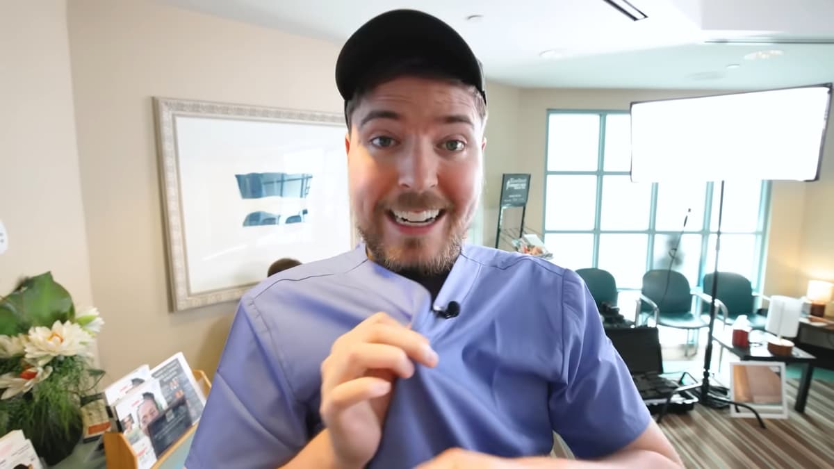 MrBeast wearing purple medical scrubs