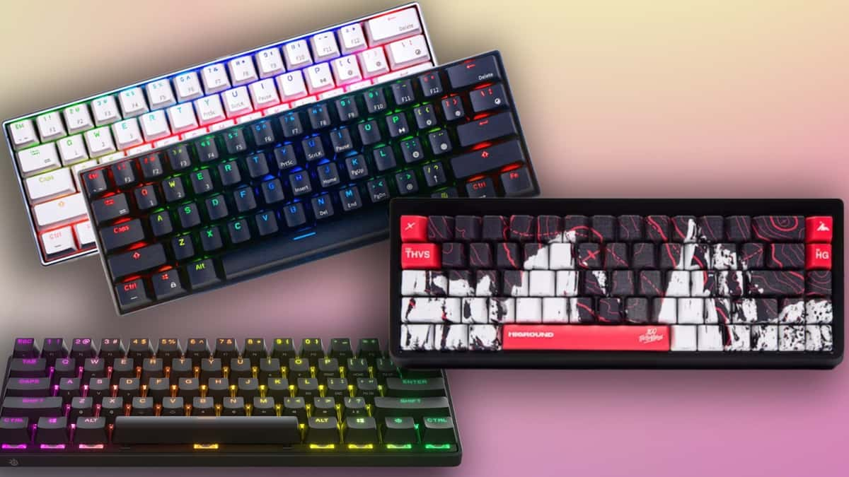 Four gaming keyboards on a gradient background