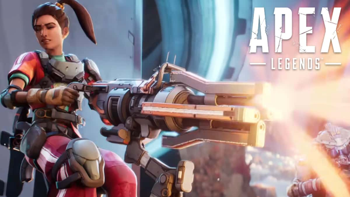 Rampart firing Sheila minigun in Apex Legends