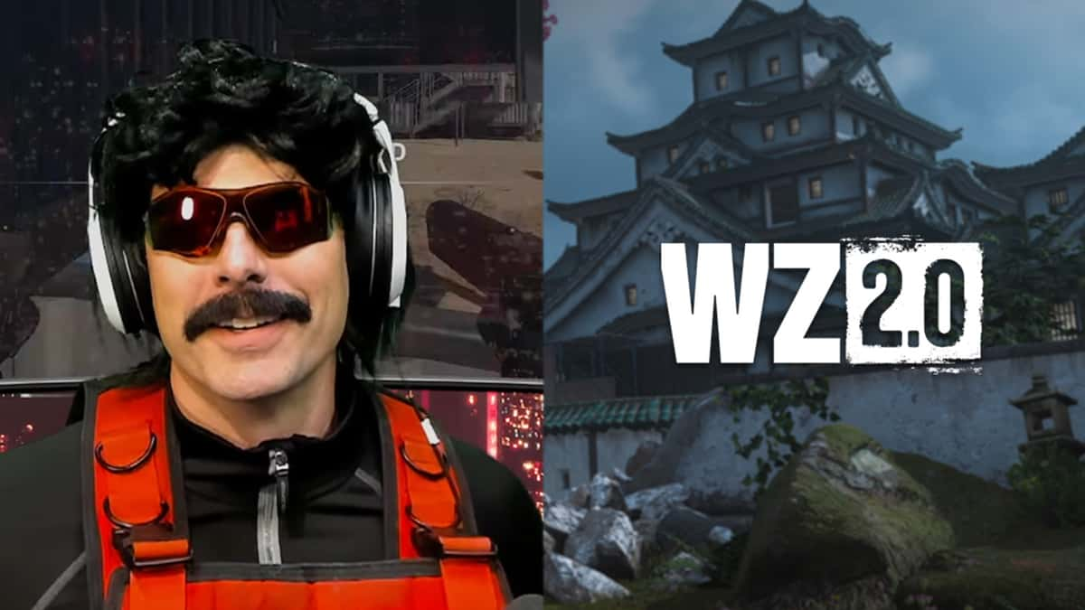 Dr Disrespect next to Ashika Island image from Warzone 2.0