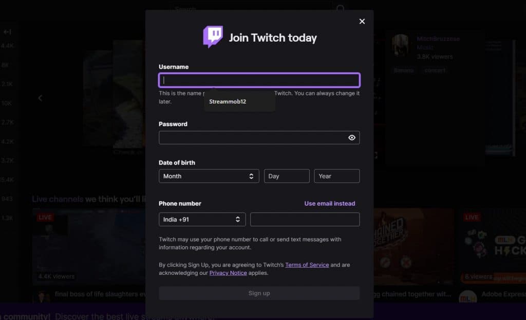 screenshot showing option to sign up on Twitch.