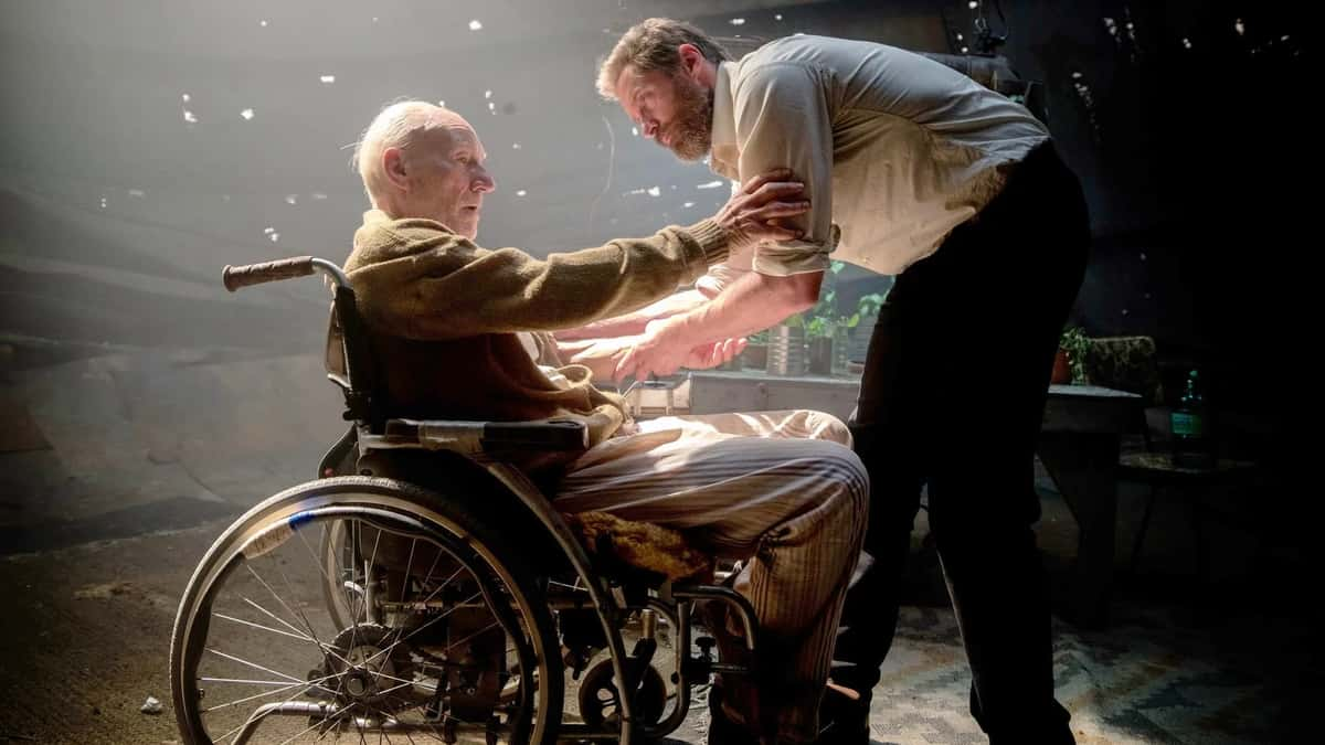 Patrick Stewart and Hugh Jackman in Logan.