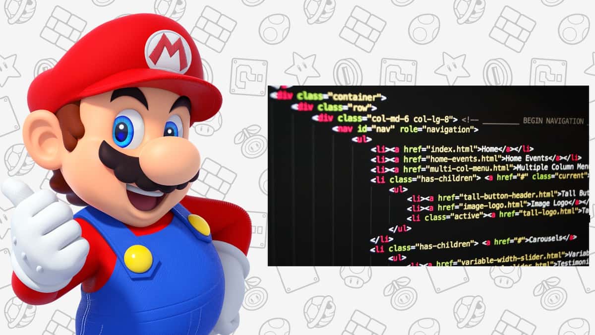 Super Mario render next to an image of code